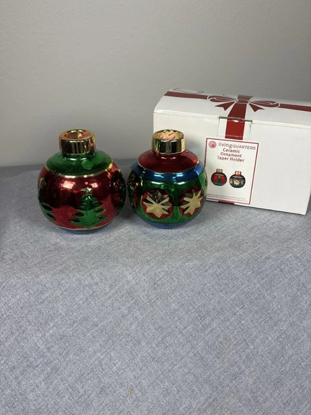 Living Quarters Ceramic Ornament Taper Candle Holders Set of 2 Box